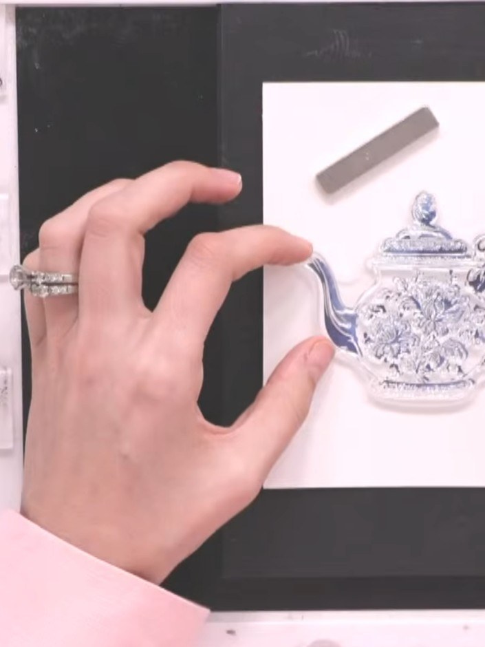 Step 7: Ink up the detail stamp in the same teal colour. Carefully align it over the solid teapot image, using the pac