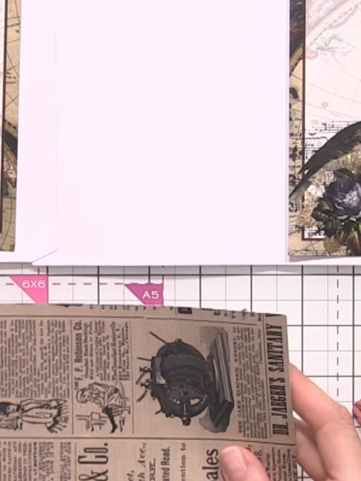 Step 8: Fold the scored vintage newspaper page along the score lines to create a pocket-style element. Position and ad