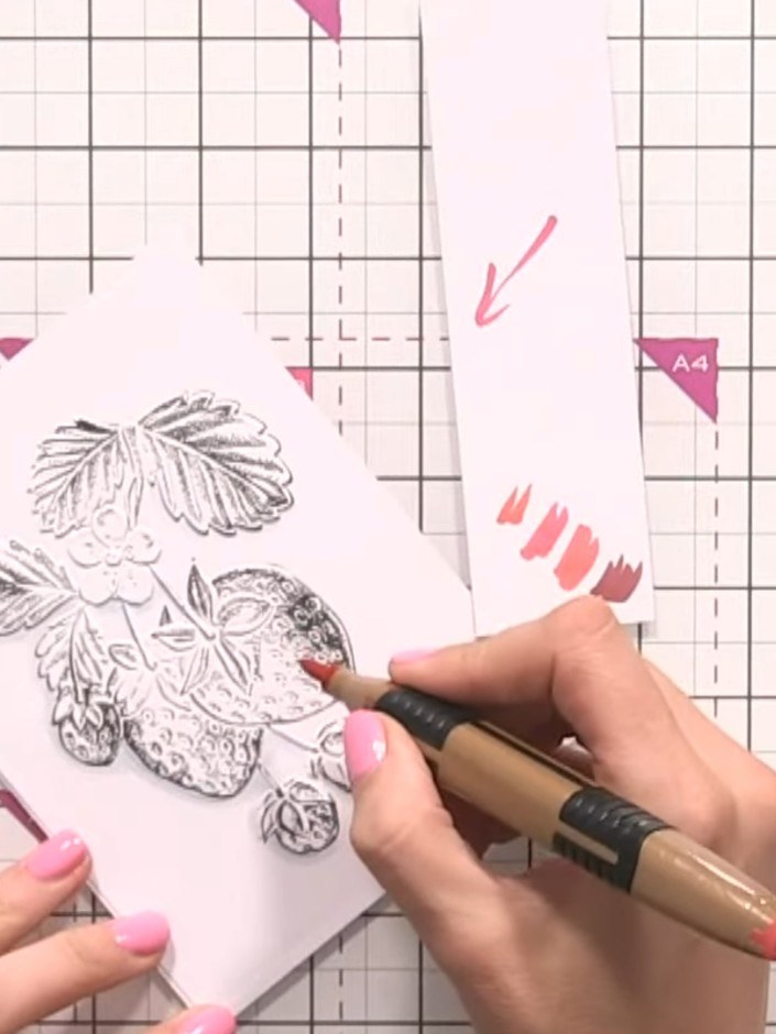 Step 5: Apply your lightest red shade (R12) all over the strawberries as your base colour, colouring them in completel