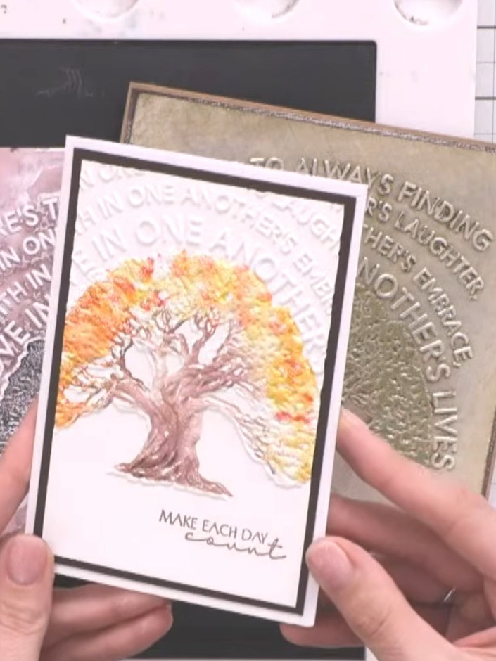 Watercolour Embossed Tree Card with Spray Technique - the finished project