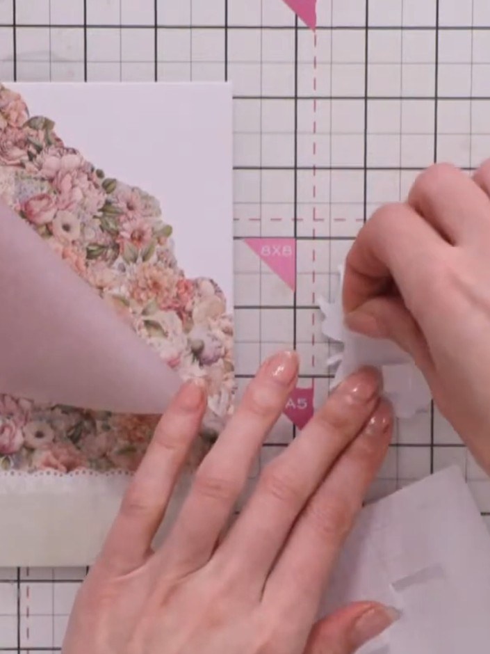 Step 7: Adhere foam pads to the back of the fussy-cut floral element. Position and press the element inside the vellum
