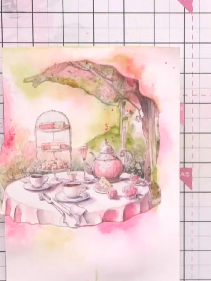 Step 12: Add watercolour splats around the topper using pink and complementary colours from your palette. This creates 
