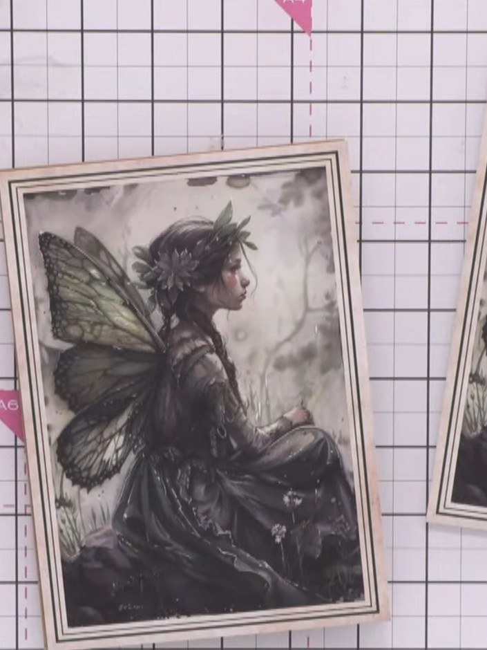 Step 7: Select a painted mount featuring the fairy image from the collection. Apply adhesive to the back of the mount 