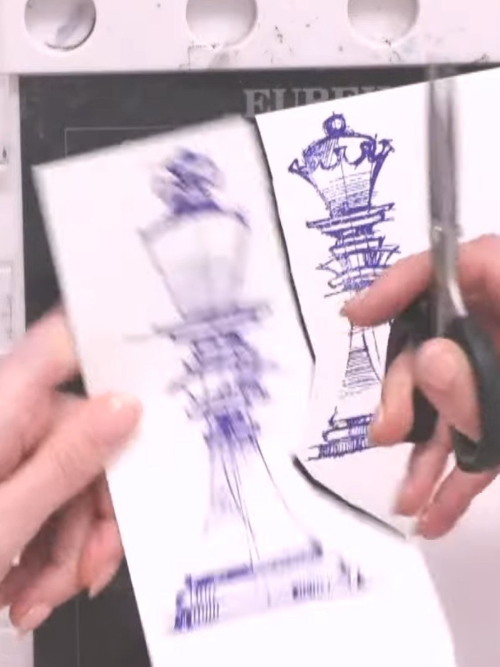 Step 2: Carefully fussy-cut around the stamped chess piece images using small scissors, moving the card rather than th