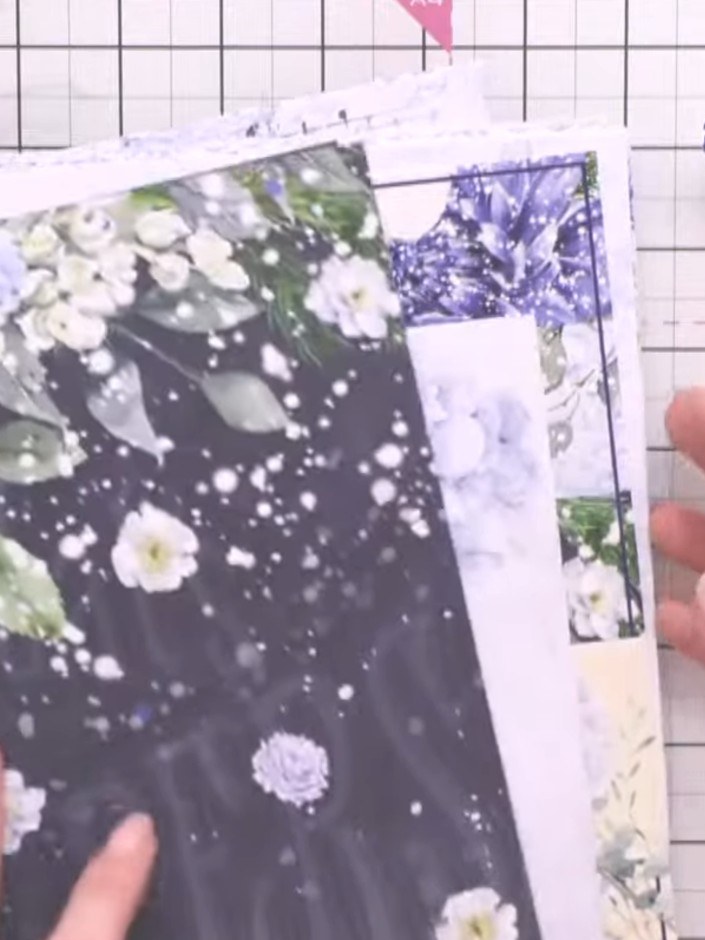 Step 3: Select a darker patterned paper from the Cerulean Charm collection to use as your card base. Trim the paper to