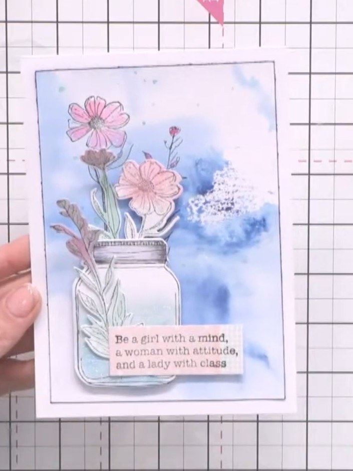 Watercolour Wash Mason Jar Card with Stamped Flowers - the finished project
