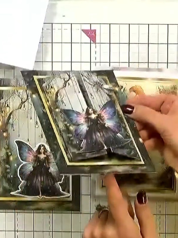 Step 7: Apply foam pads to the back of your fairy and floral embellishments. Position them on your card to create dime