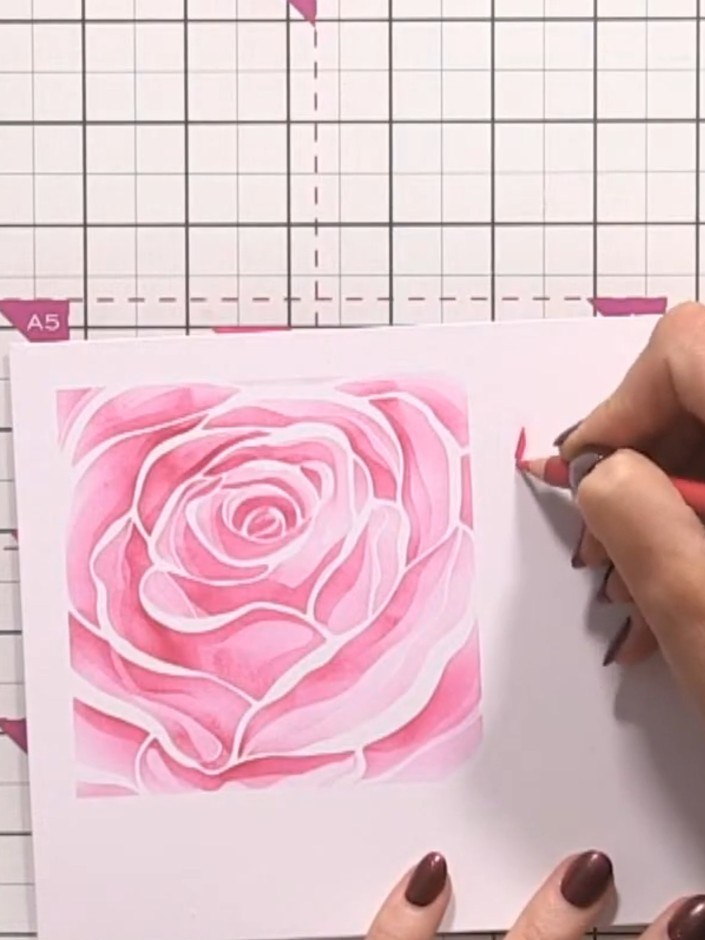 Step 7: Use your Faber-Castell coloured pencils to add shading to the stencilled rose. Work with darker tones at the e