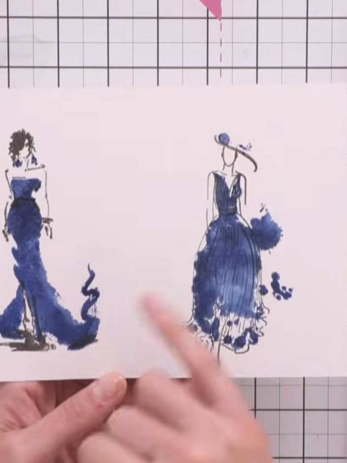 Step 2: Stamp the inked solid portion of your chosen dress stamp onto your white card base using blue ink. Allow the s