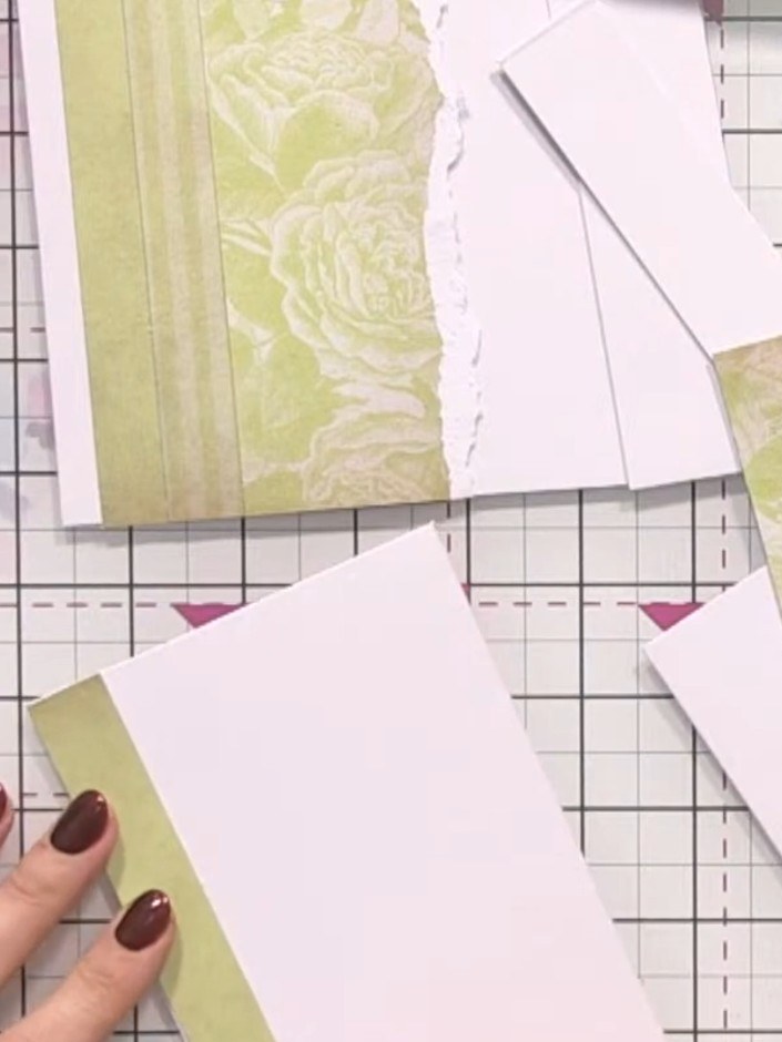 Step 4: Apply green ink to the edges and surface of the patterned paper strips using an ink pad, working the colour ac