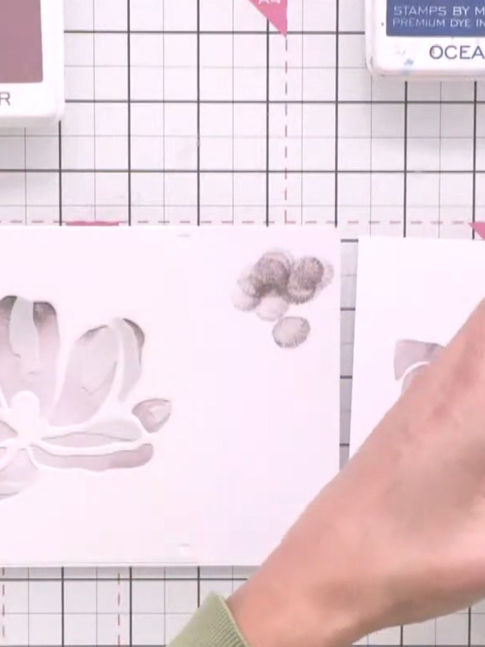 Step 4: Remove the first stencil and position the second stencil (number two) over your card. Apply Fandango ink throu