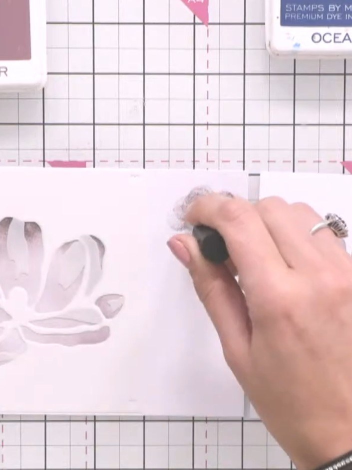 Step 5: Apply the third stencil layer using Ocean teal ink. Build up the colour gradually by dabbing with a blending s