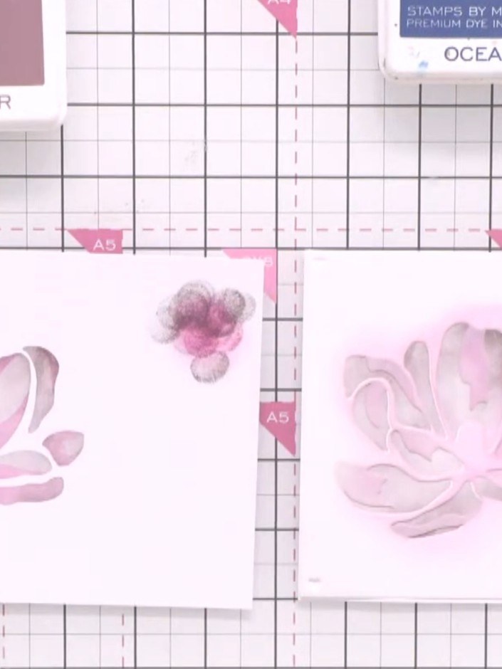 Step 6: Position the detail stencil over your stamped images and apply purple ink (Indigo or Heather) using a blending