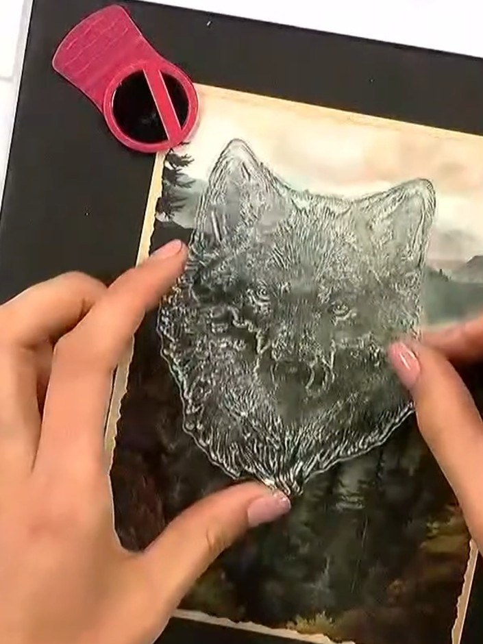 Step 1: Use a sticky ink pad to stamp the wolf design from the Woodland Wolf stamp set onto your card stock. Press fir
