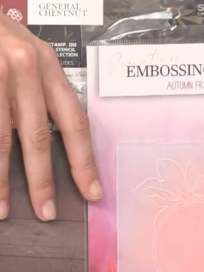 Step 3: Die cut the stencilled and stamped pieces using the coordinating die from the General Chestnut set. The emboss