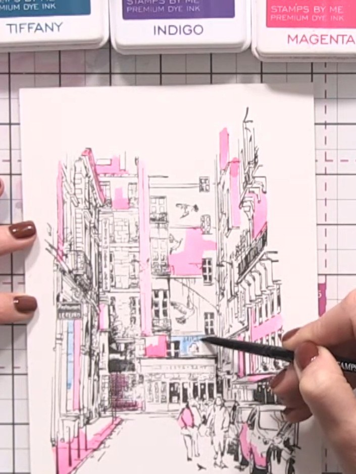 Step 5: Continue adding blocks of colour using different ink pads, changing colours frequently. Paint only portions of