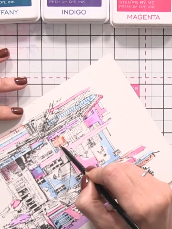 Step 6: Continue adding colour blocks to the stamped image, placing distinct areas of pink, blue and other colours. Ke