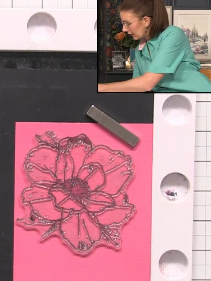 Step 3: Stamp the poppy image onto the top portion of each piece of pink card stock, keeping the stamp in the same pos