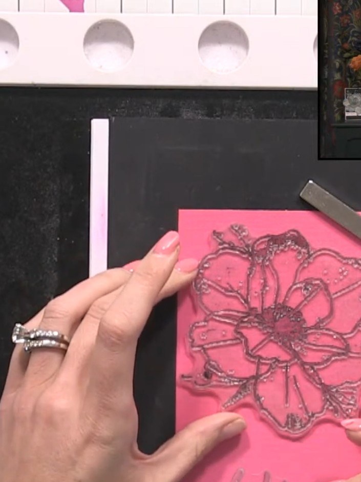 Step 4: Stamp a sentiment below the poppy on each pink piece using the same position for consistency. This ensures all