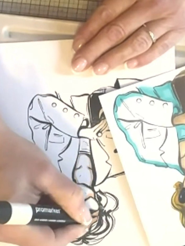 Step 4: Use darker markers to add depth and dimension to the face, accentuating key features such as the eyes, nose an