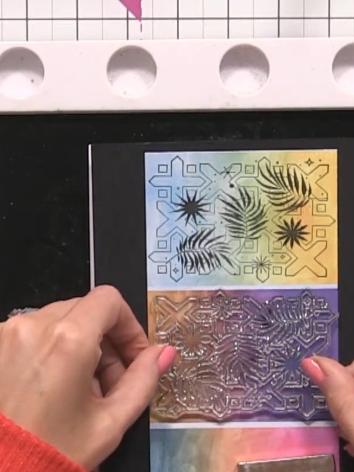 Step 5: Trim the stamped panel to size, keeping the decorative tiles as the central design feature on your card front.