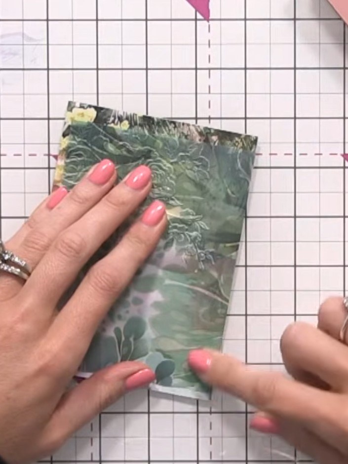 Step 10: Adhere your sentiment panel to the front of the card, positioning it so it shows through the vellum overlay. P