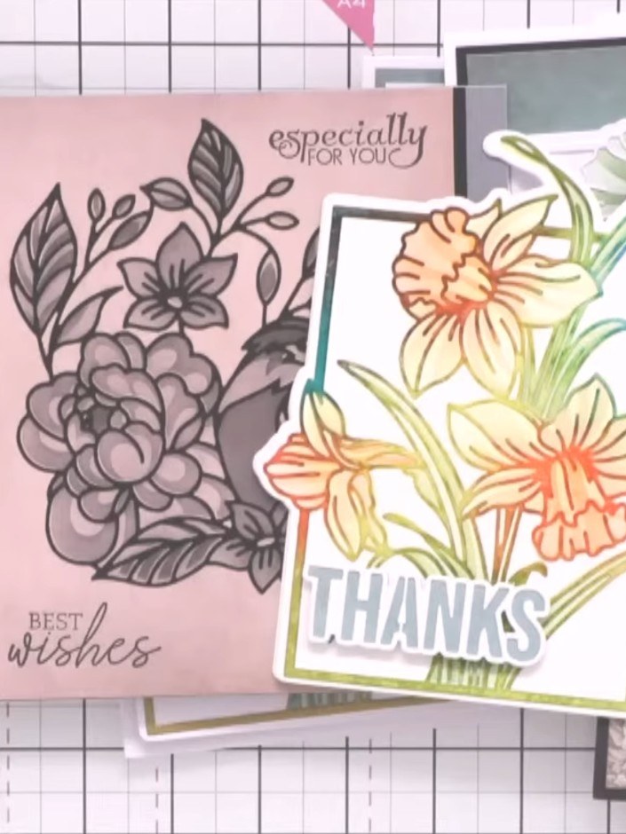 Step 8: Display your completed cards together to show the variety of designs created using the same stencil and die se