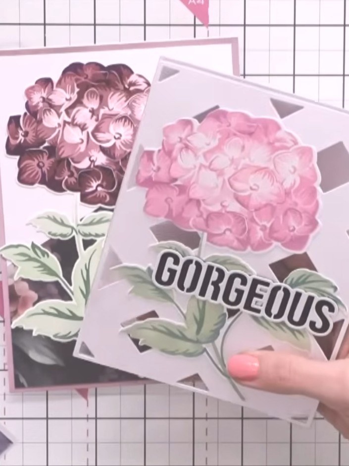 Step 9: Mount your finished card onto a card blank to complete the project. The card features the hydrangea design wit