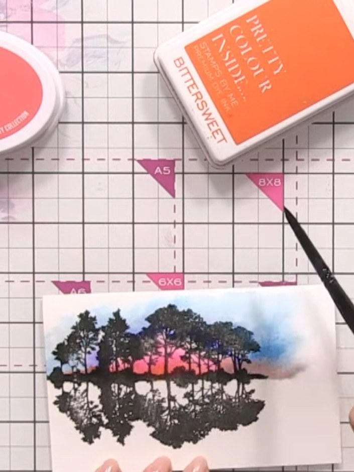 Painted Landscape Card with Reflection Stamp Trees - the finished project