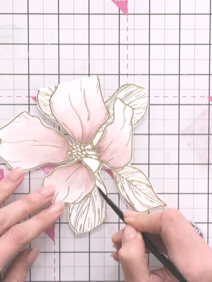 Step 7: Paint the leaves with the mixed light colour, keeping the edges cream to avoid clashing with the pink backgrou