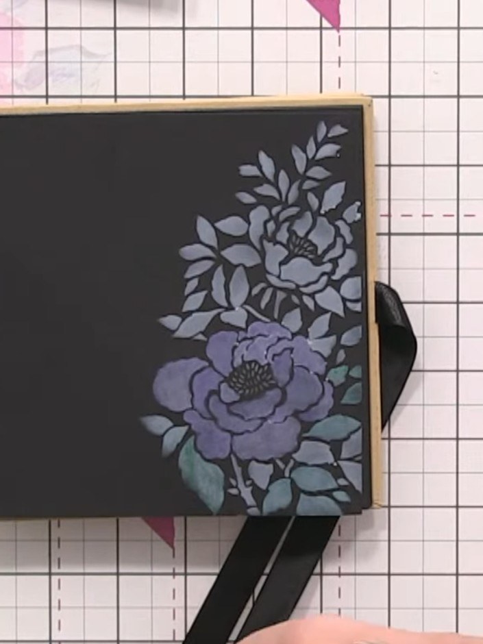 Halo Effect Stencilled Flowers on Black Card with Watercolour Ink - the finished project