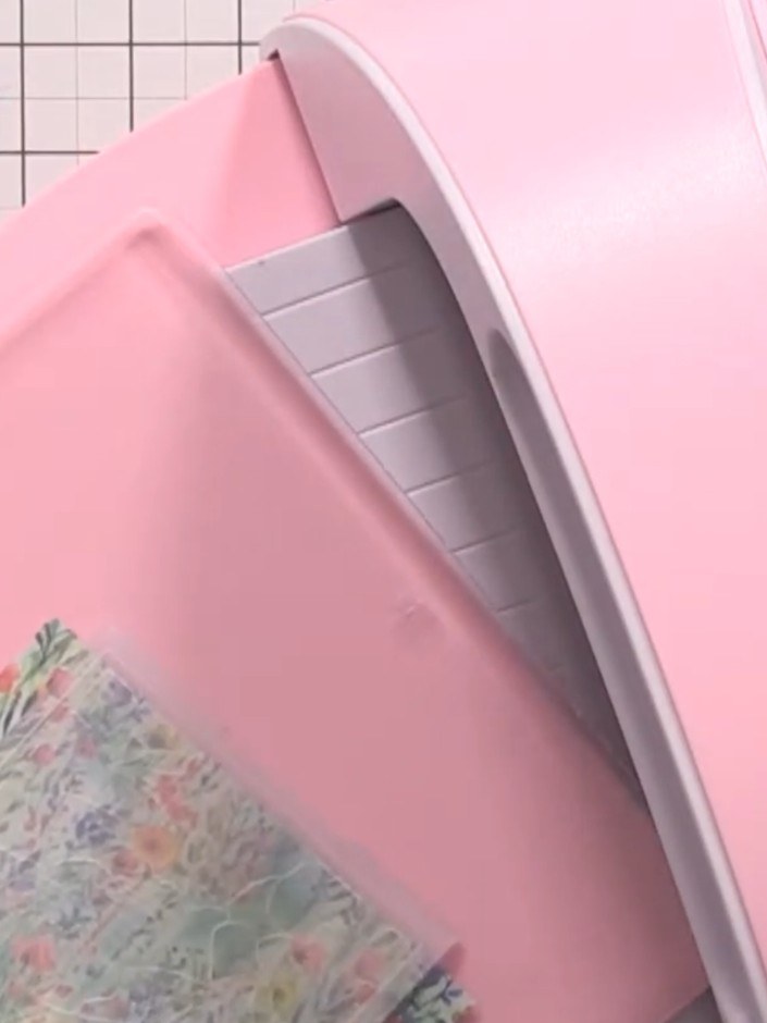 Step 2: Place your embossed paper onto the base of your die-cutting machine with one clear plate on top and one pink p