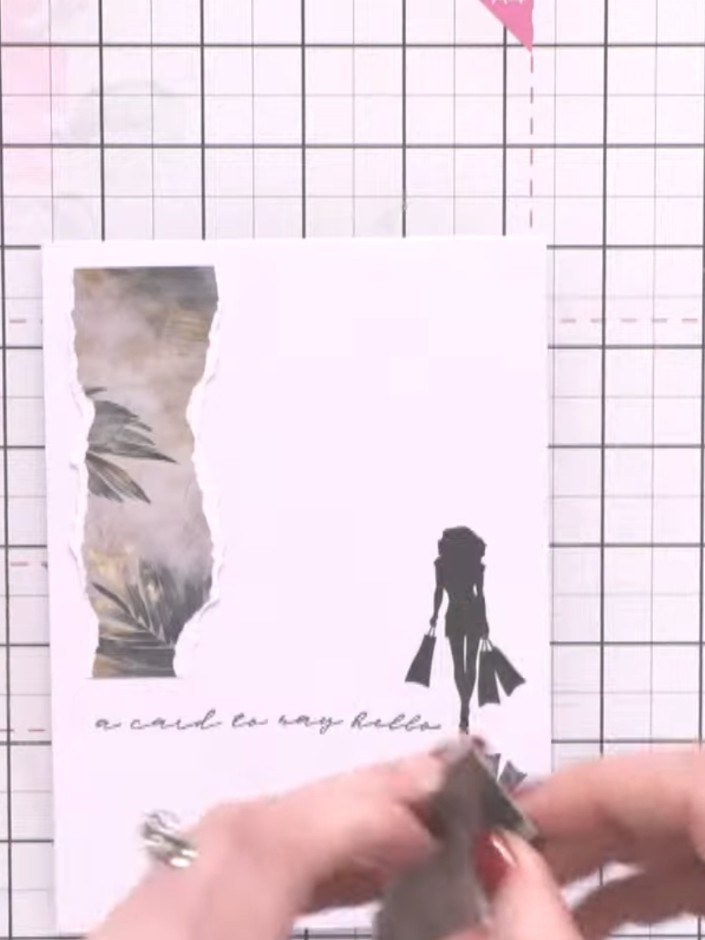 Step 6: Attach a second torn paper strip featuring the feather design to the card using 3D adhesive pads to create dim