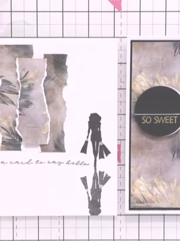 Step 8: Check that all elements are securely adhered to the card front. Ensure the torn paper pieces, silhouette figur