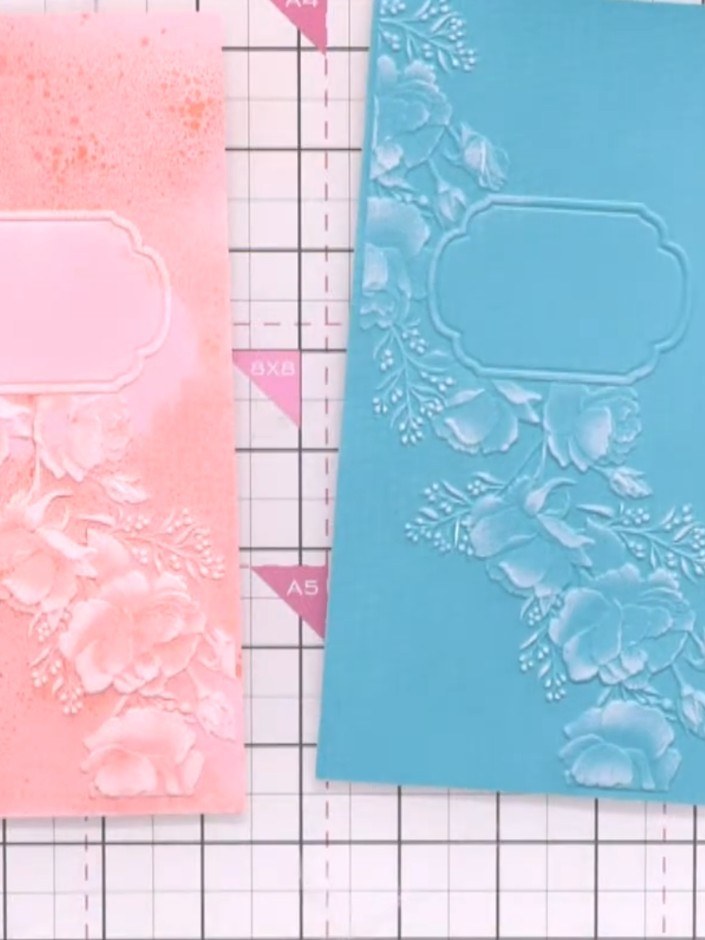Step 7: Lightly spray the embossed cards with water to blend the ink colours slightly. The water will help soften the 
