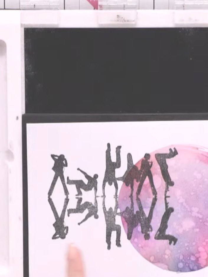 Step 11: Stamp the dance crew silhouettes from the Friends Forever stamp set half on and half off the left edge of the 