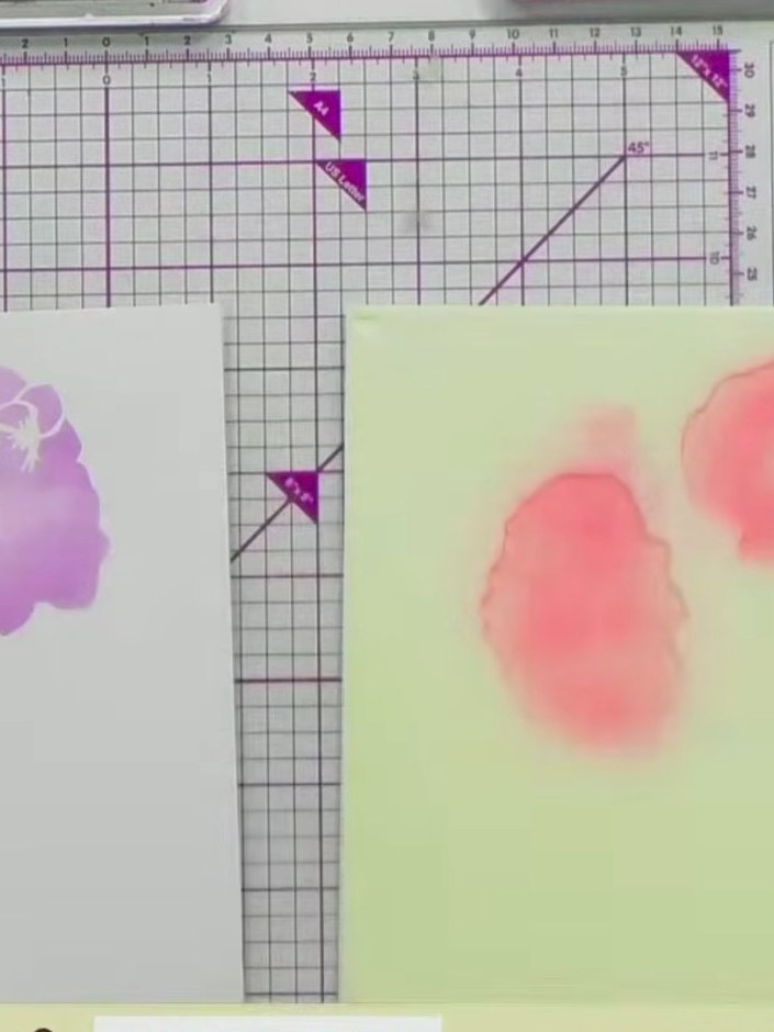 Step 6: Continue working through stencils 3, 4 and 5 in sequence, applying pink ink through each stencil. Build up the