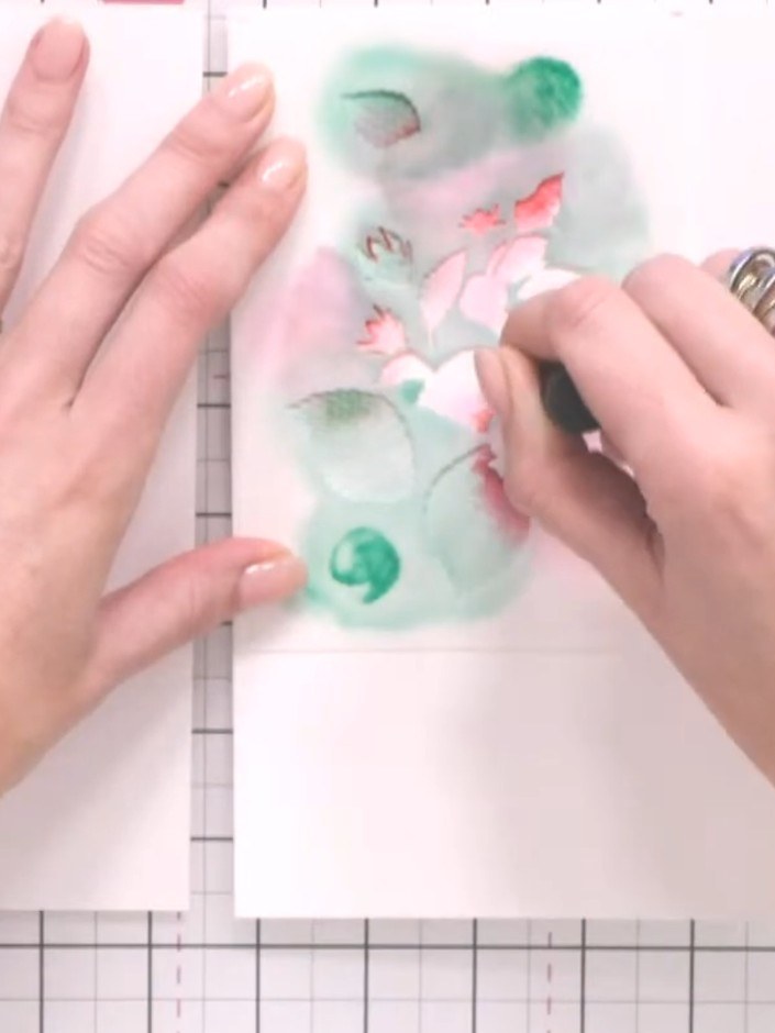 Step 10: Use a heat gun to thoroughly dry your stencilled and sprayed watercolour card before proceeding to the next st