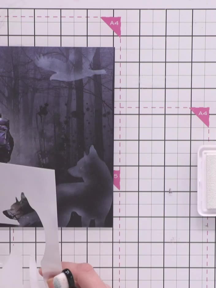 Step 7: Stamp the bird figure at the top of the composition using the outdoor scene stamp. Position it so it appears t