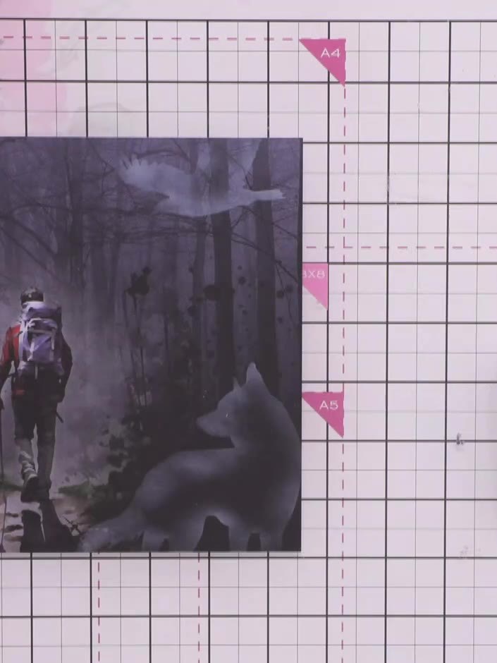 Step 7: Stamp the bird figure at the top of the composition, positioning it above the hiker and wolf scene as if it's 