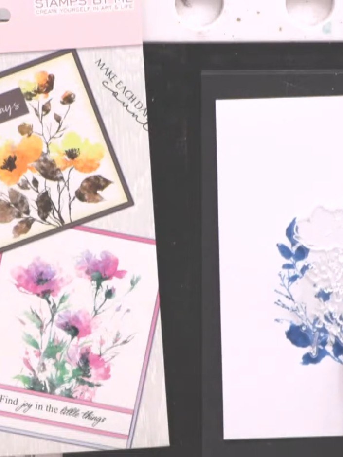 Step 6: Ink up the detail stamp with a complementary or contrasting ink colour. Use blue ink to add fine details to th