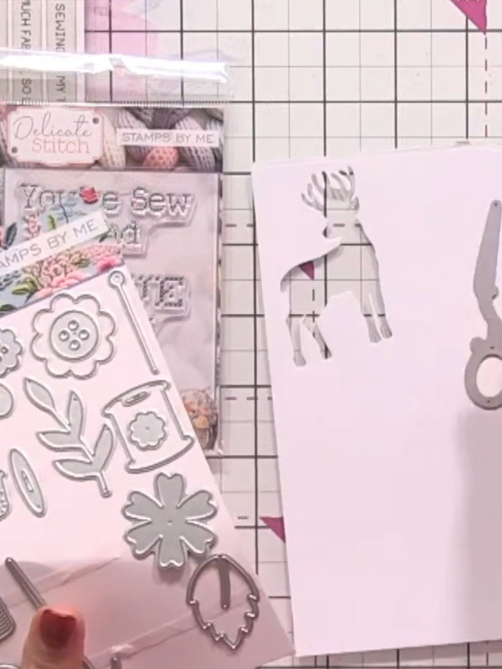 Step 1: Die-cut the scissors, thread spool, needle, pins, buttons and leaf elements from white cardstock using the A5 