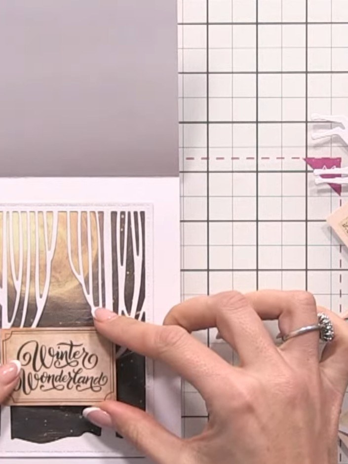 Step 8: Stamp the 'Winter Wonderland' sentiment from the stamp set onto the inside of the card using brown ink. Positi