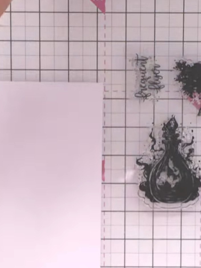 Step 1: Stamp the solid colour portion of the potion bottle stamp onto white card using pink ink. Spray the stamp with