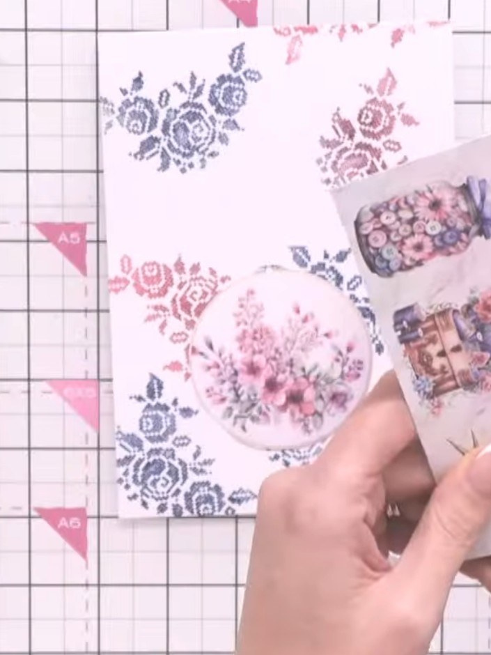 Step 5: Fussy-cut the stitched flowers and leaves from the floral paper pad using scissors, cutting carefully around t