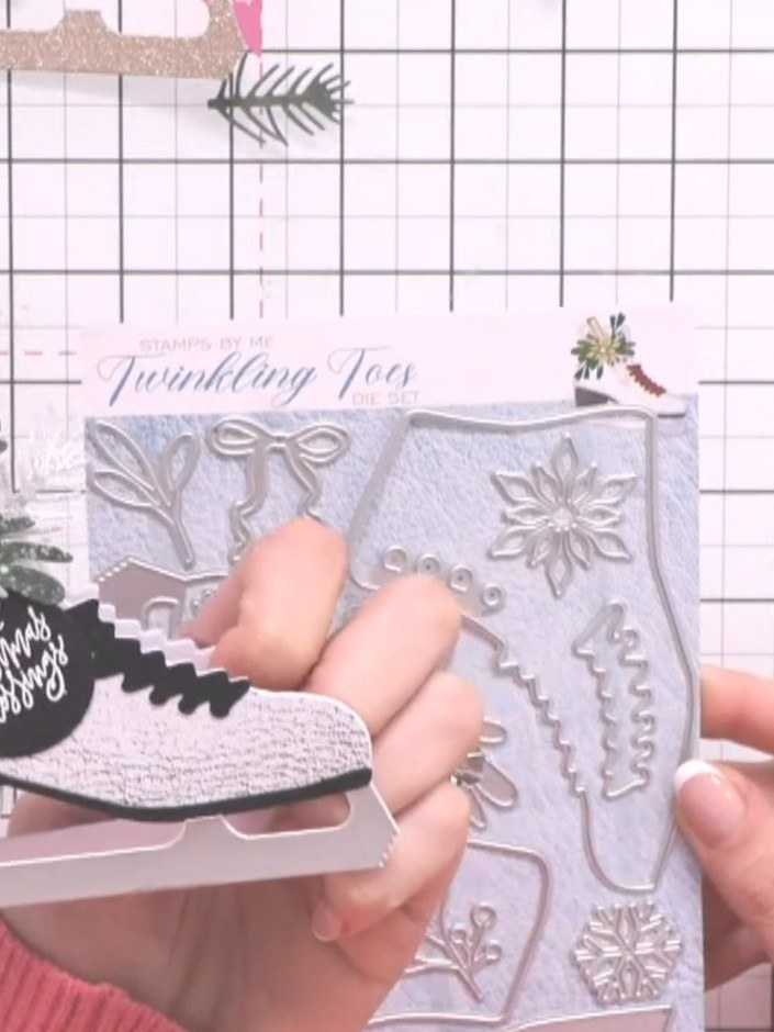 Step 1: Die-cut the ice skate boot back panel from the gold leather-effect paper using the Twinkling Toes die set. Thi