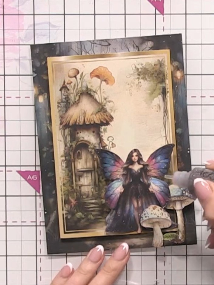 Step 8: Apply sparkle glitter glue to the mushrooms and fairy wings using the applicator tip. Add dots and highlights 