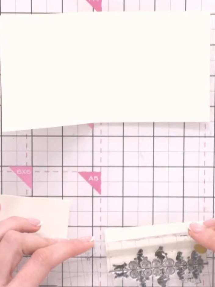 Step 3: Stamp the same bike design across the second cream card piece to match the first. Position the stamps to creat