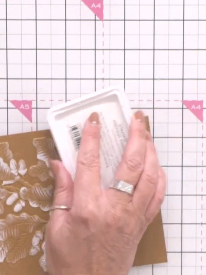 Step 2: Clear heat emboss some of the outline leaves from the fallen leaves stamp set onto the embossed panel for adde