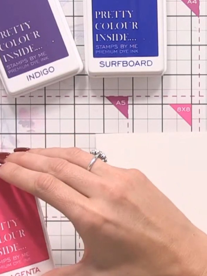 Step 2: Take a circular lid and press it onto the Magenta ink pad to pick up colour on the rim. Repeat with the Indigo